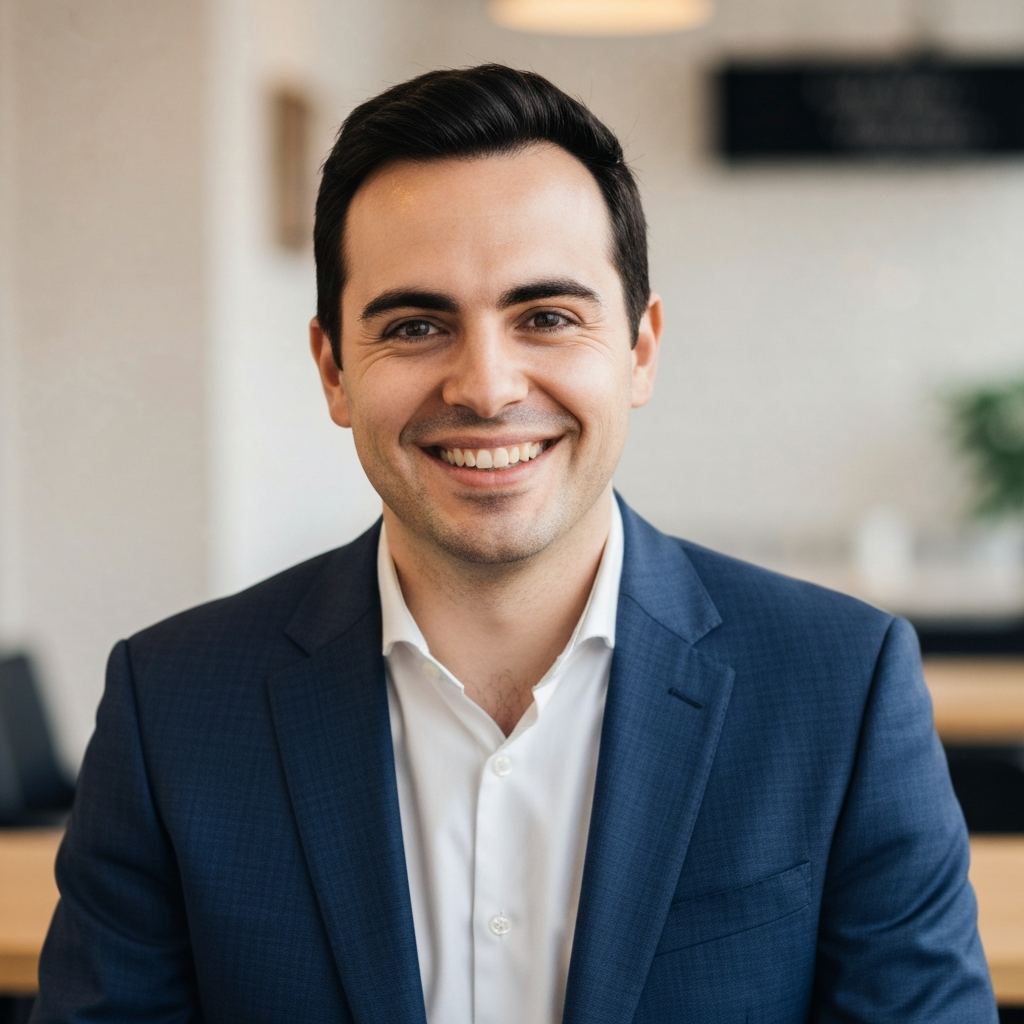 Homme confiant souriant, démontrant une assurance tranquille et authentique